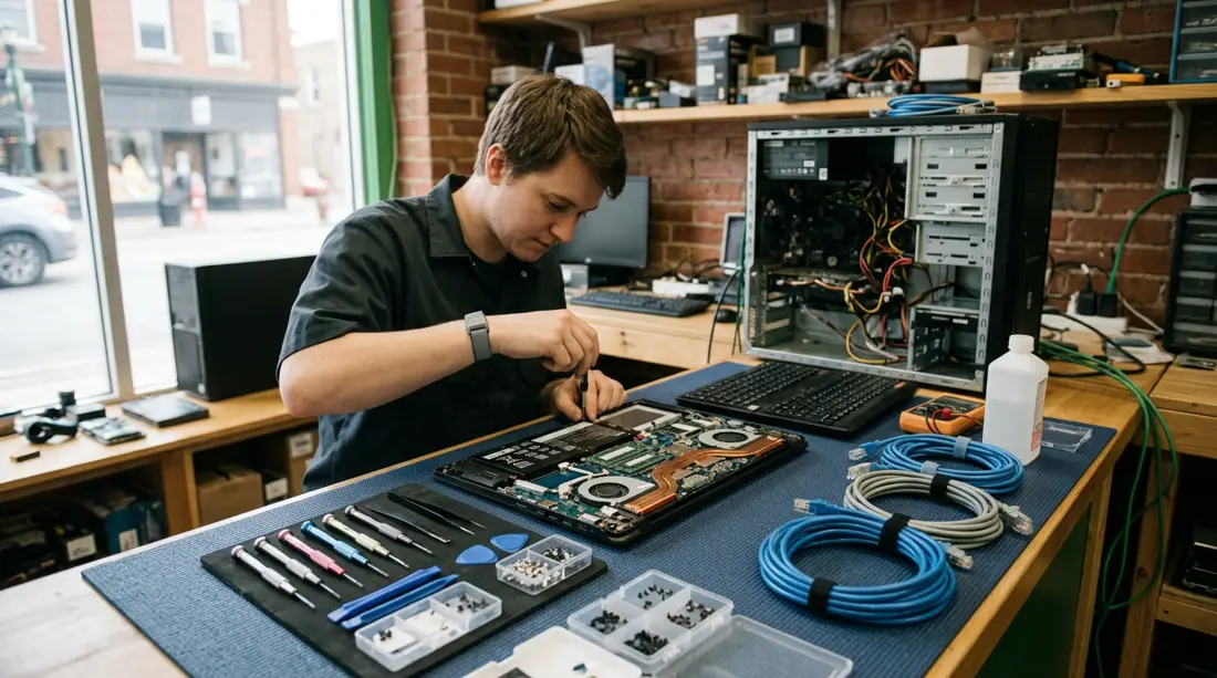 Technician repairing an open laptop on a workbench, with a desktop tower and network cables nearby