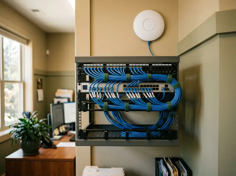 Neatly organized network rack with labeled blue ethernet cables and a ceiling-mounted Wi-Fi access point