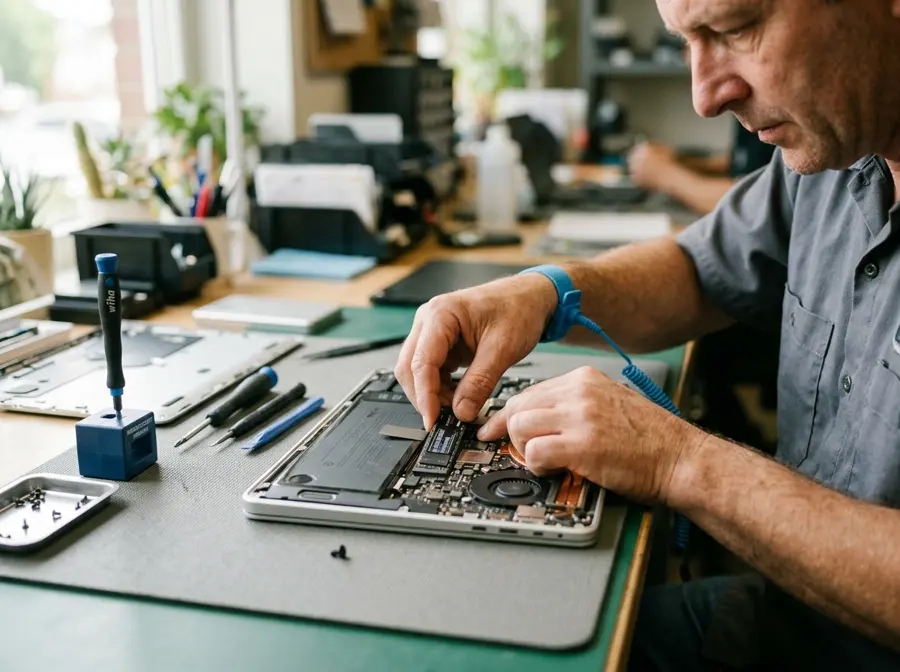 Close-up of hands installing a solid-state drive inside an open laptop